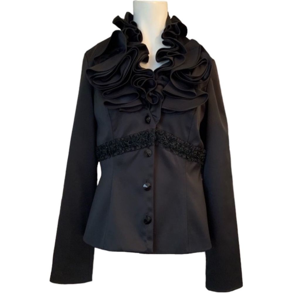 JS Collection Vintage Black Evening Jacket Ruffles Satiny Size 4
